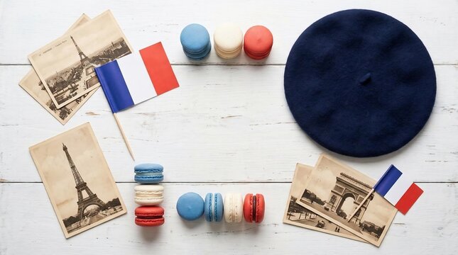 French travel concept with Eiffel Tower postcards macaroons and beret.