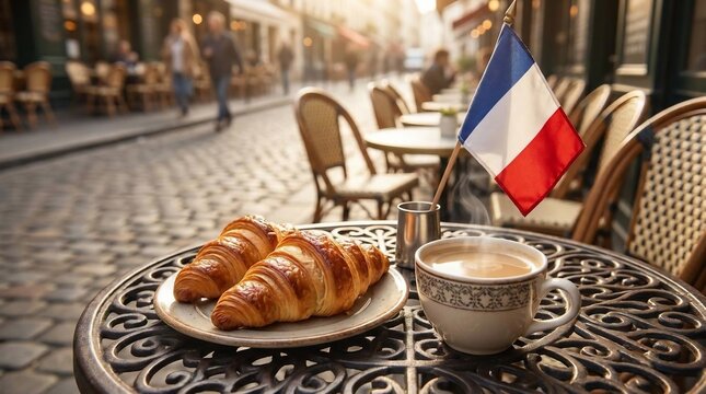 Fresh croissants and coffee on a sidewalk cafe table in Paris France.