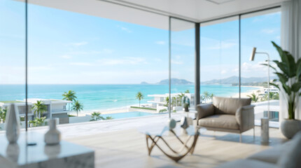 Fototapeta premium Luxury Modern Villa Interior Blur Background for Tropical Beachfront Resort Website Banner and Sales Presentation.