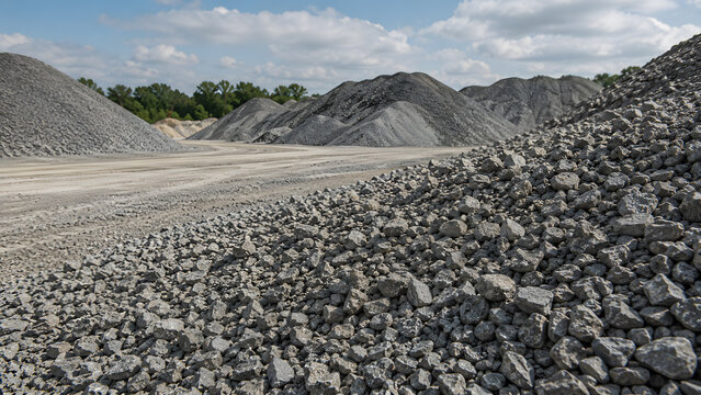 gray crushed stone piles in quarry