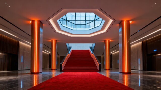 Modern lobby with red carpet and illuminated columns