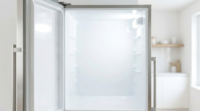 Refrigerator Door and Inside with a Clean, Empty, and Well-Lit Interior, Showcasing a Modern Kitchen Appliance.