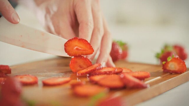 A man carefully slices juicy, ripe strawberries into thin slices on a cutting board, preparing the berries for dessert in a bright home kitchen. The theme is fresh summer berries and healthy eating