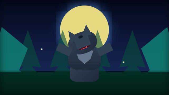 Animated Cartoon Werewolf Howling at the Full Moon in a Dark Forest Night.