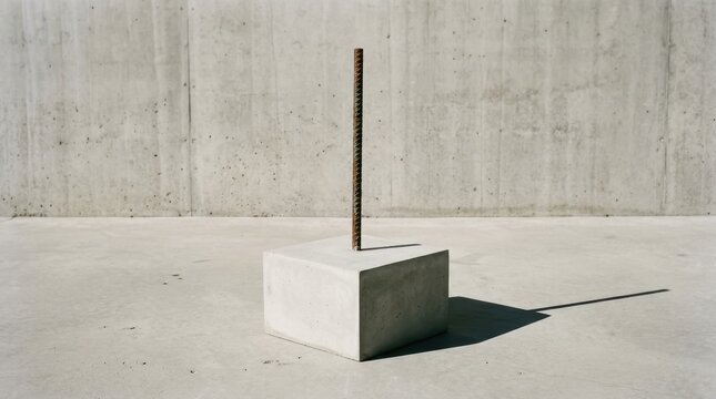 Reinforcing Rebar Standing Vertically on a Concrete Block Against a Concrete Wall Featuring Vertical, Construction, Building with Material