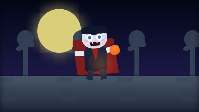 Animated Vampire Character Walking Under Full Moon for Halloween Celebration.