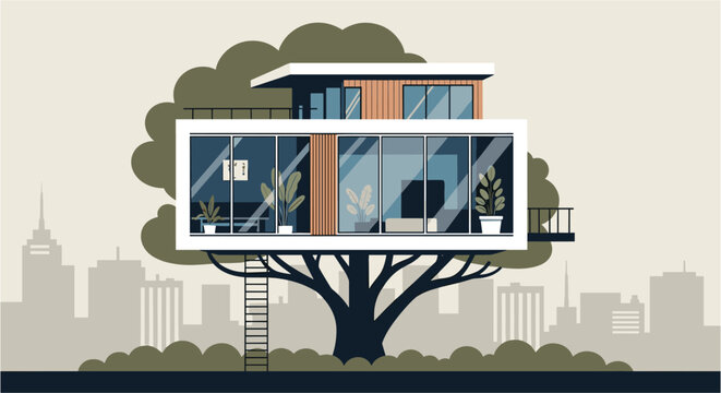 Modern treehouse dwelling nestled in urban foliage during daylight with city skyline silhouette symbolizing eco-friendly architecture