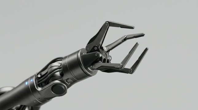 Robotic Claw Mechanical Gripper with Multi-Pronged Fingers and Metallic Finish for Automation and Industrial Technology Concept