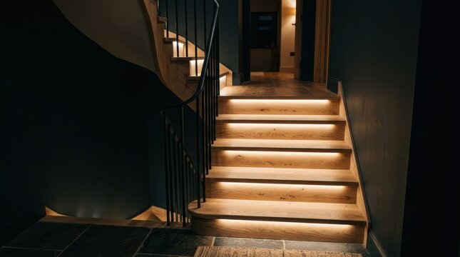 Staircase with Warm Low-Light Led Steps and Wooden Treads, Newly Sanded Interior Home Entryway with Modern Railing and Shadows