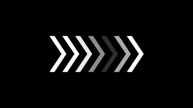 A Horizontal Row of Seven Chevron Arrows Progressing from White to Dark Gray Against a Black Background Symbolizing a Linear Progression or Sequence