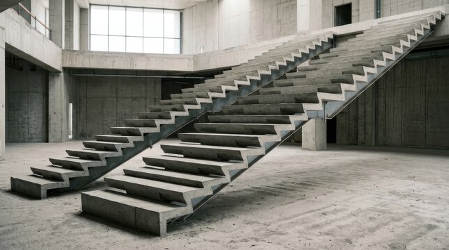 Staircase in a Minimalist Concrete Building with Large Windows Featuring Architecture, Modern, Unfinished with Construction and Steps Elements