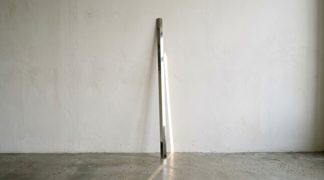 A Minimalist Shot of a Single, Vertical Piece of Stainless Steel in an Empty Room Featuring Industrial, Modern, Sleek with Reflective and Metallic