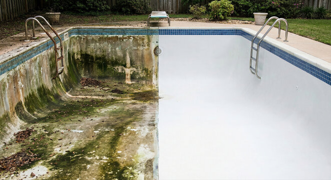 Before and after transformation of a dirty swimming pool cleaning renovation