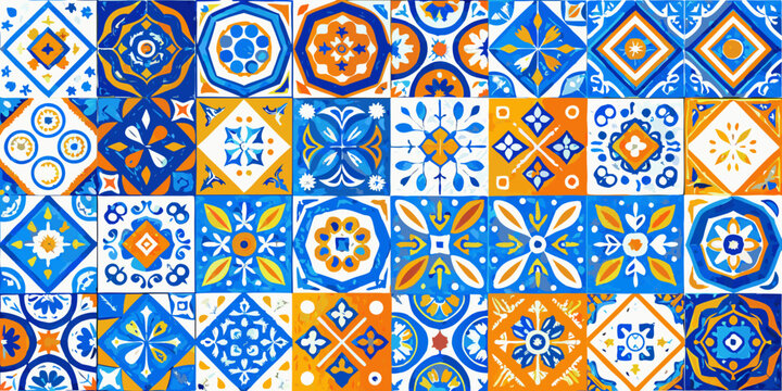 Geometric floral ornament in azulejo tile pattern blue and orange