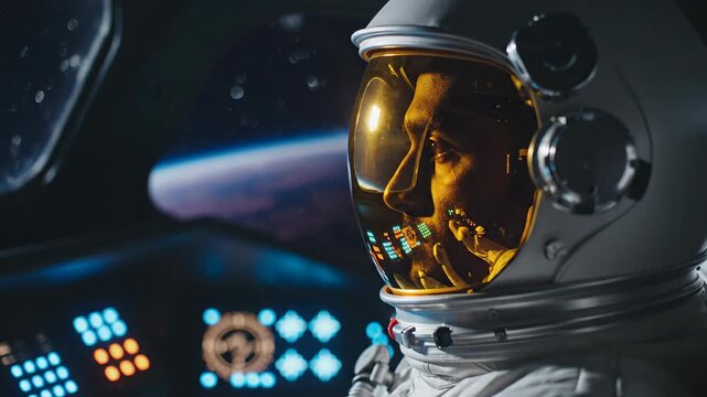 Astronaut looks out from spacecraft window at earth. Man in spacesuit controls flight in orbital cockpit. Science exploration and space travel mission concept