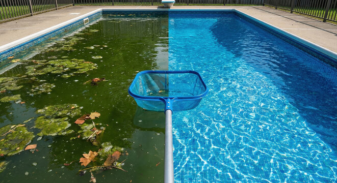 Before and After Pool Cleaning: Green Algae Water Transformed to Clear Blue