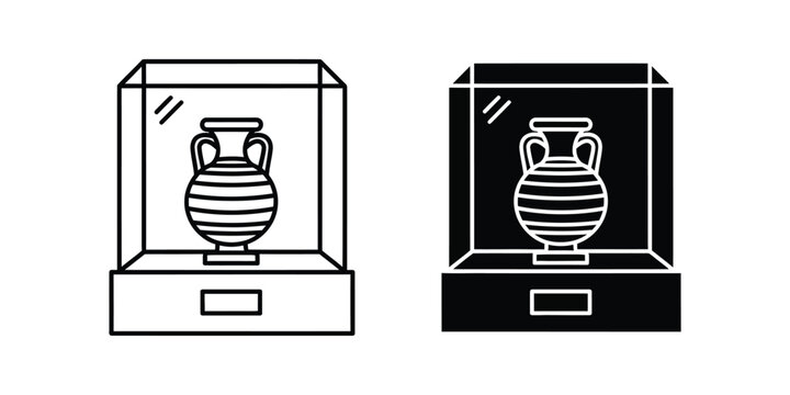 Ancient Greek Amphora Vase Inside Museum Glass Display Case Icon Set