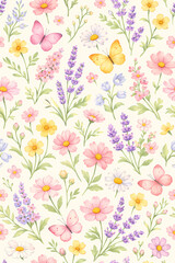 Fototapeta premium Seamless watercolor wildflower and butterfly pattern on cream background