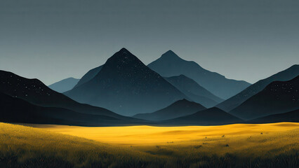 Obraz premium Stylized mountains under a starry sky overlook a glowing golden field, capturing the serene beauty of a twilight landscape.