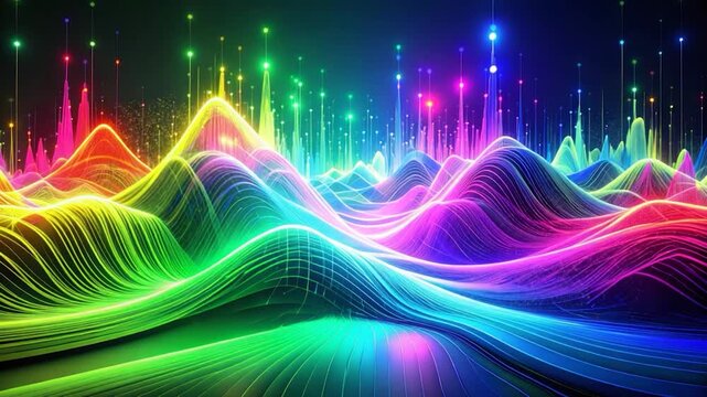 Abstract depiction of illuminated data, resembling colorful flowing topography