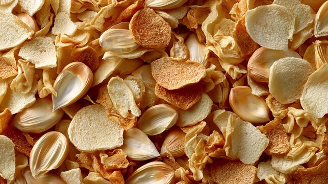 A detailed high angle shot of many dried corn chips and dehydrated corn snack kernels in bulk