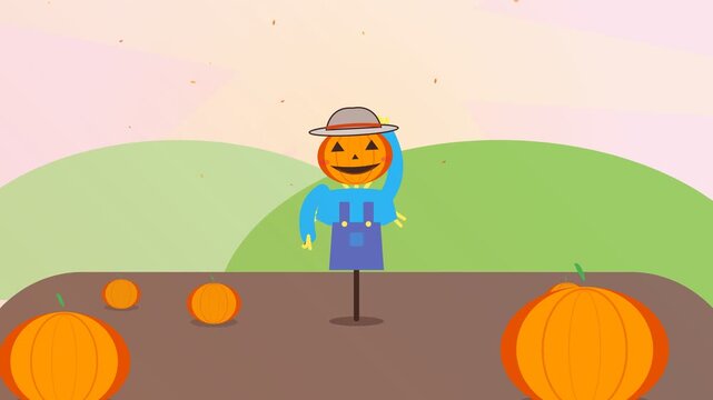 Animated Scarecrow Waving Hello in a Pumpkin Patch Field.