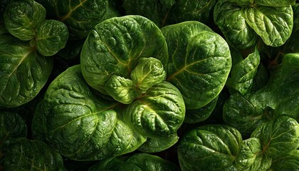 Fototapeta premium Fresh Raw Spinach Leaves Full Frame Background Texture close up showing Deep Green Glossy Pattern