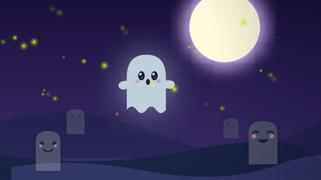 Cute Cartoon Ghost Floating in a Spooky Graveyard Under a Full Moon.