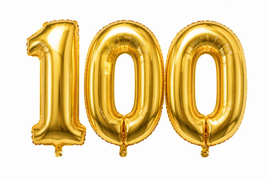 Three large, shiny gold foil balloons spelling out the number 100 are displayed against a white background.