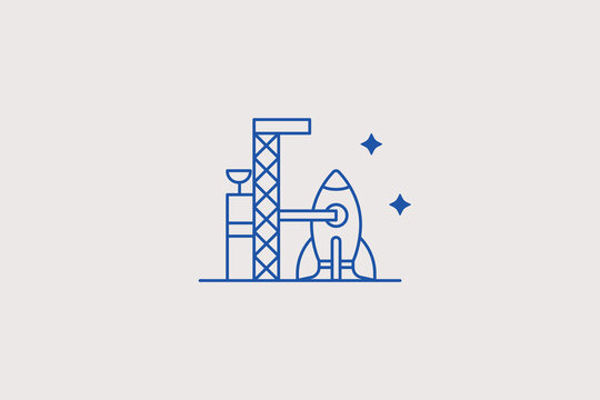 Space rocket launchpad tower with vertical spaceship line icon for aerospace center. Dynamic vector illustration for scientific laboratory, astronomy blog, technology company.