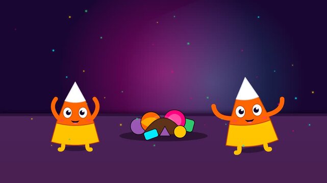 Animated Candy Corn Characters Celebrating with Sweets in a Festive Halloween Background.