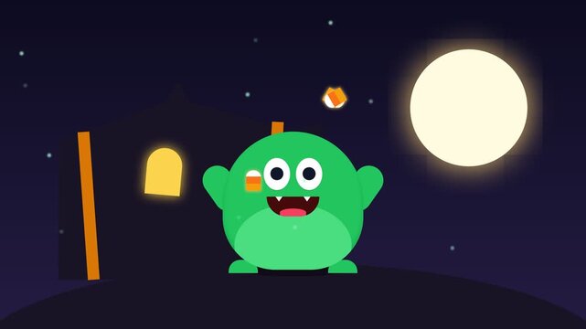 Cute Green Monster Character Celebrating Halloween Night with Candy Treats.