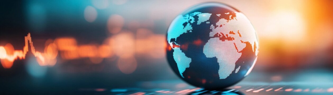 A vertical, egg-shapedellipsoid object featuring a world map texture. It's glowing with a tech-like, digital aesthetic. Close-up, shallow depth of field (bokeh background). The object
