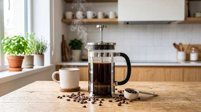 Mockup de cafetera francesa de cristal con caf&eacute; reci&eacute;n preparado sobre una mesa de madera clara. Fondo de cocina minimalista desenfocado con luz natural. Vapor visible y granos de caf&eacute; decorando la es