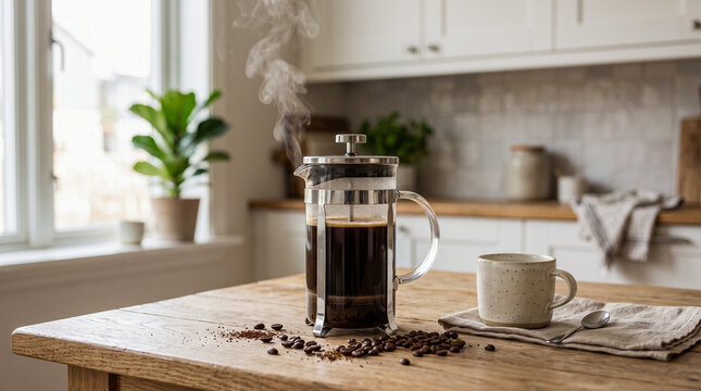 Mockup de cafetera francesa de cristal con caf&eacute; reci&eacute;n preparado sobre una mesa de madera clara. Fondo de cocina minimalista desenfocado con luz natural. Vapor visible y granos de caf&eacute; decorando la es