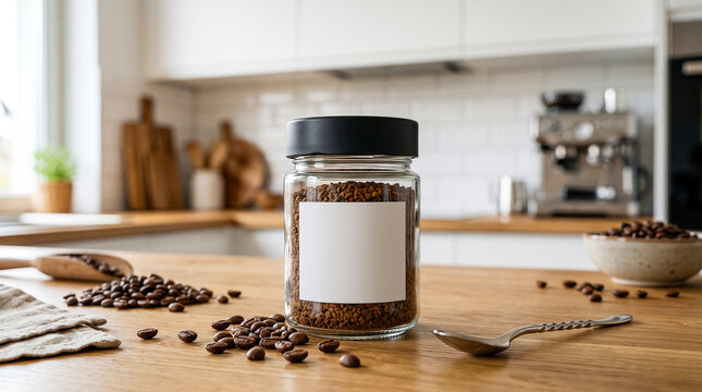 Mockup fotorrealista de un tarro de vidrio transparente con tapa negra para caf&eacute; soluble sobre una cocina moderna con fondo desenfocado. Granos de caf&eacute; y cucharilla met&aacute;lica alrededor..
