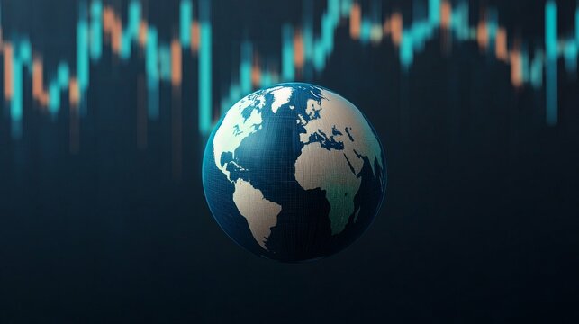 Composition Central, floating egg-shaped object (ellipsoid) featuring a world map. Dark background. Bokehblurred stock market chart (candlestick patterns) in the background. Image