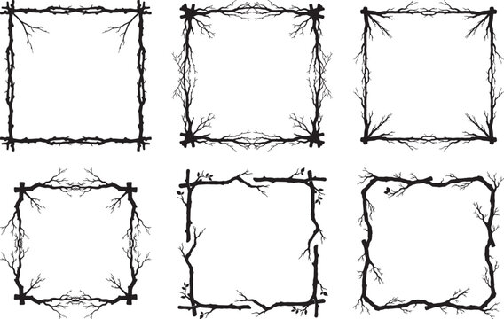 Collection of six black square frames made from twisted tree branches and twigs on white background for photo or text
