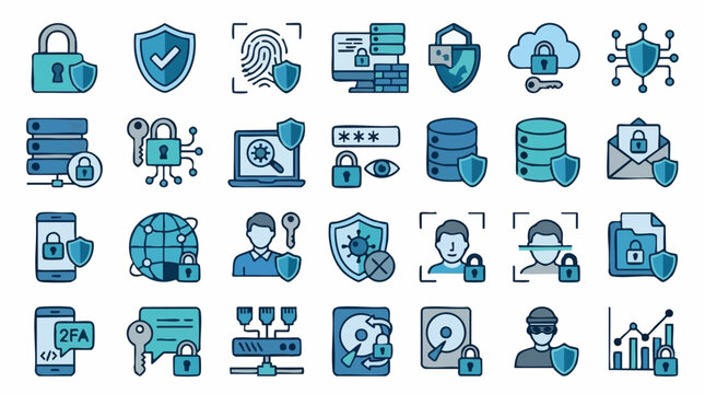 Cybersecurity and Data Protection Icons Set: Digital Security and Privacy