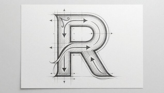 Black white sketch letter cursive font drawn style intricate lines curves creating sense depth dimension lette