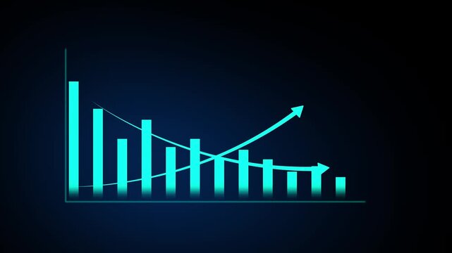 Cyan Bar Graph Depicting a Sharp Decrease with Downward Pointing Arrows and a Subtle Glow Effect on a Dark Blue Gradient Background Representing Economic Downturn