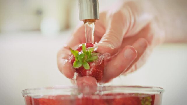 A man washes ripe strawberries under running water in a glass bowl in a bright kitchen. Concept of hygiene and preparing fresh berries before eating