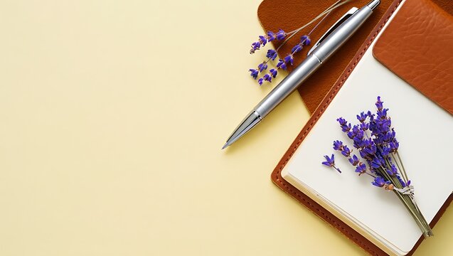 Blank open notebook with pen and flowers flatlay