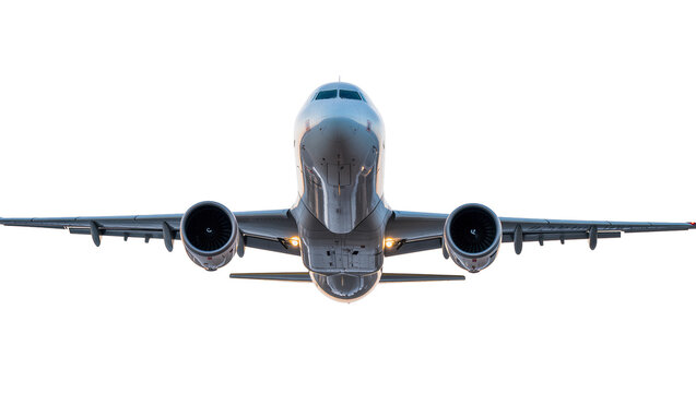 Isolated commercial passenger airplane flying directly towards camera, detailed underside view