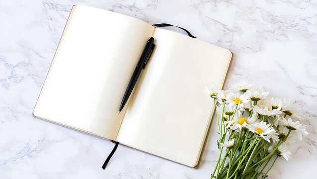 Blank open notebook with pen and flowers flatlay