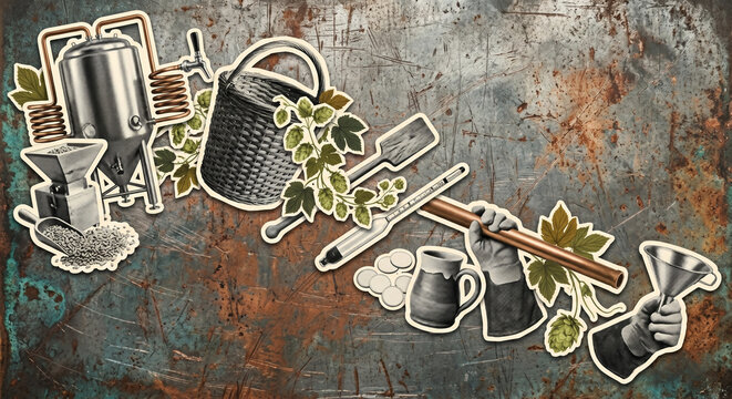 Vintage Editorial Collage of Craft Beer Brewing Equipment and Hop Harvest Tradition for International Beer Day Banner with Copy Space