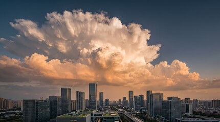 Obraz premium Cinematic view of a cityscape with skyscrapers under a large, photorealistic cloud at sunset