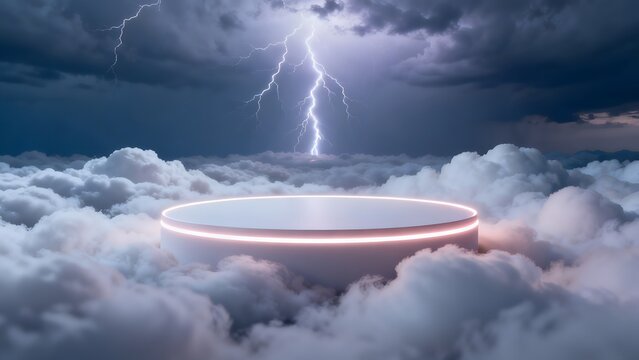 Cloudy sky with lightning and circular platform