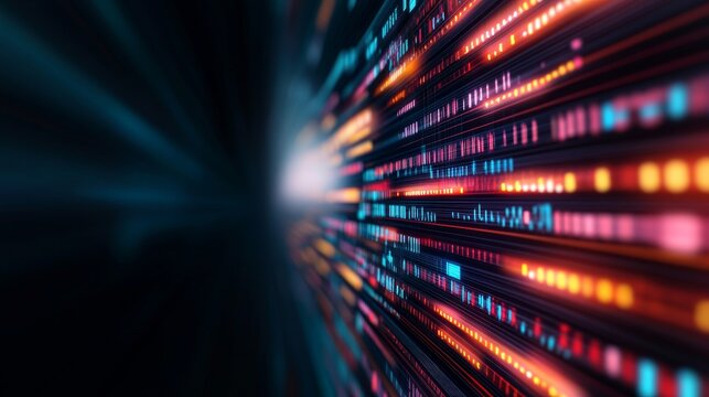 Image An abstract, high-speed digital concept. It features colorful streaks of light (cyan, red, orange, pink) arranged in patterns that look like data, code, or sound waves. There's a