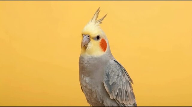 Yellow crested cockatiel parrot bird pet with orange cheek perched serene on warm yellow background